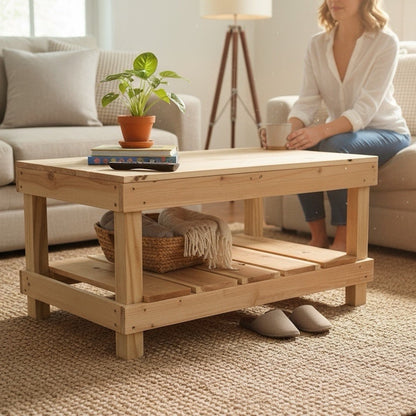 Farmhouse rustic solid wood coffee table with floating shelf, natural finish, handmade wood furniture.