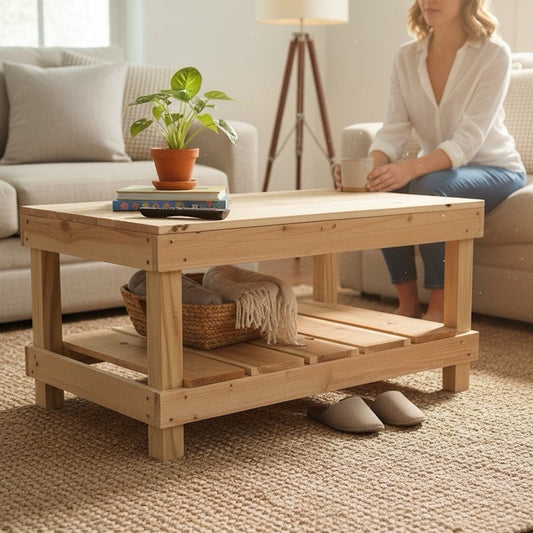 Farmhouse Rustic Wood Living Room Coffee Table with Shelf