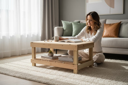 Farmhouse rustic solid wood coffee table with floating shelf, natural finish, handmade wood furniture.