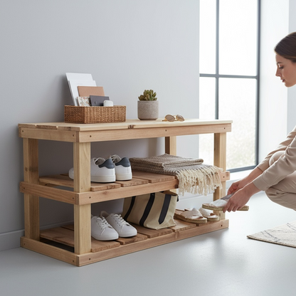 Natural solid wood furniture rustic two-tier entryway shoe rack bench with woven basket and decor.