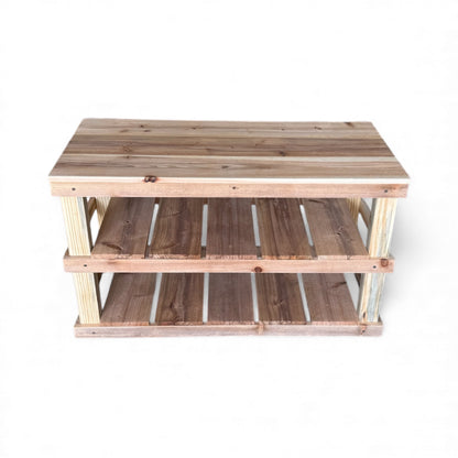Natural solid wood furniture rustic two-tier entryway shoe rack bench with woven basket and decor.