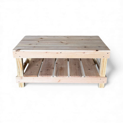 Farmhouse rustic solid wood coffee table with floating shelf, natural finish, handmade wood furniture.