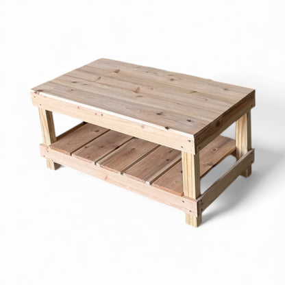 Farmhouse rustic solid wood coffee table with floating shelf, natural finish, handmade wood furniture.