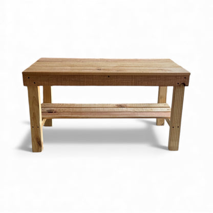 Natural cedar solid wood entryway bench with lower shelf, handmade rustic furniture.