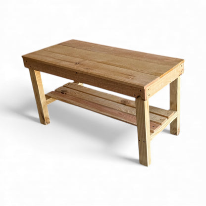 Natural cedar solid wood entryway bench with lower shelf, handmade rustic furniture.