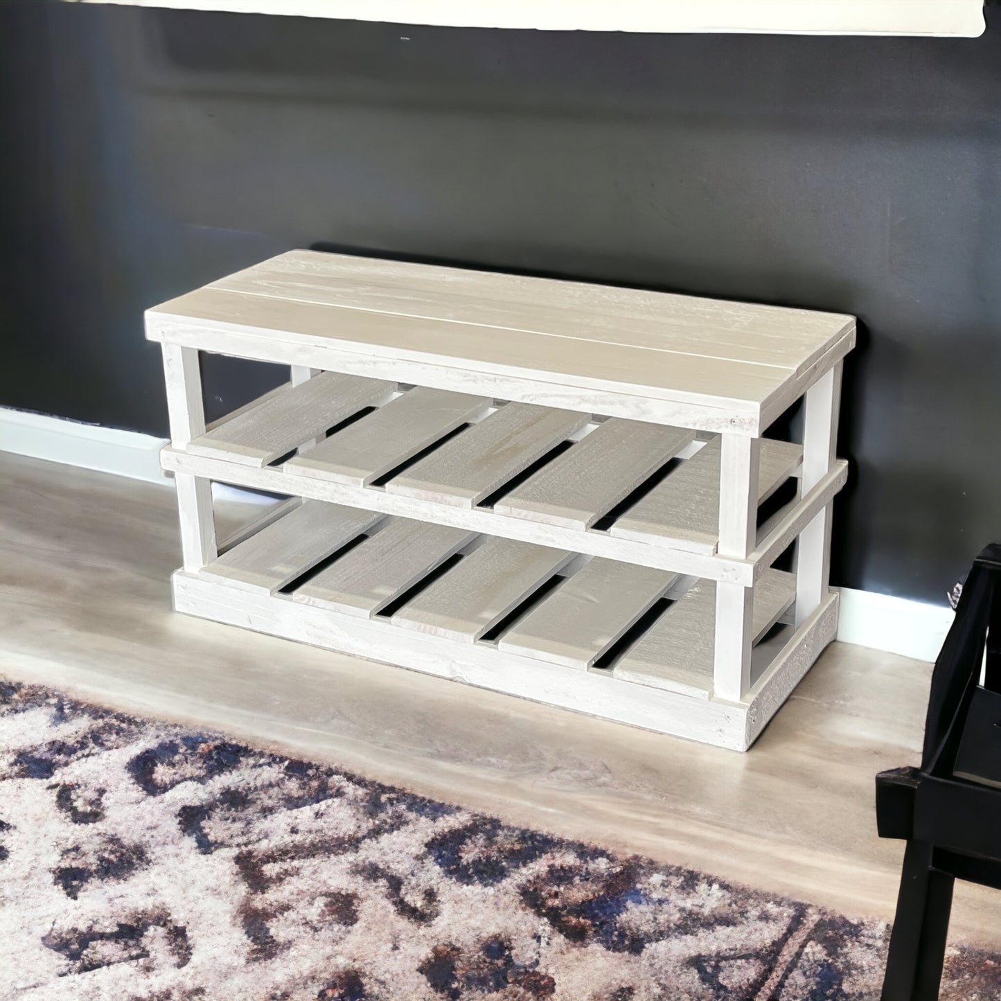 Rustic Wood Entryway Two-Tier Shoe Rack Bench