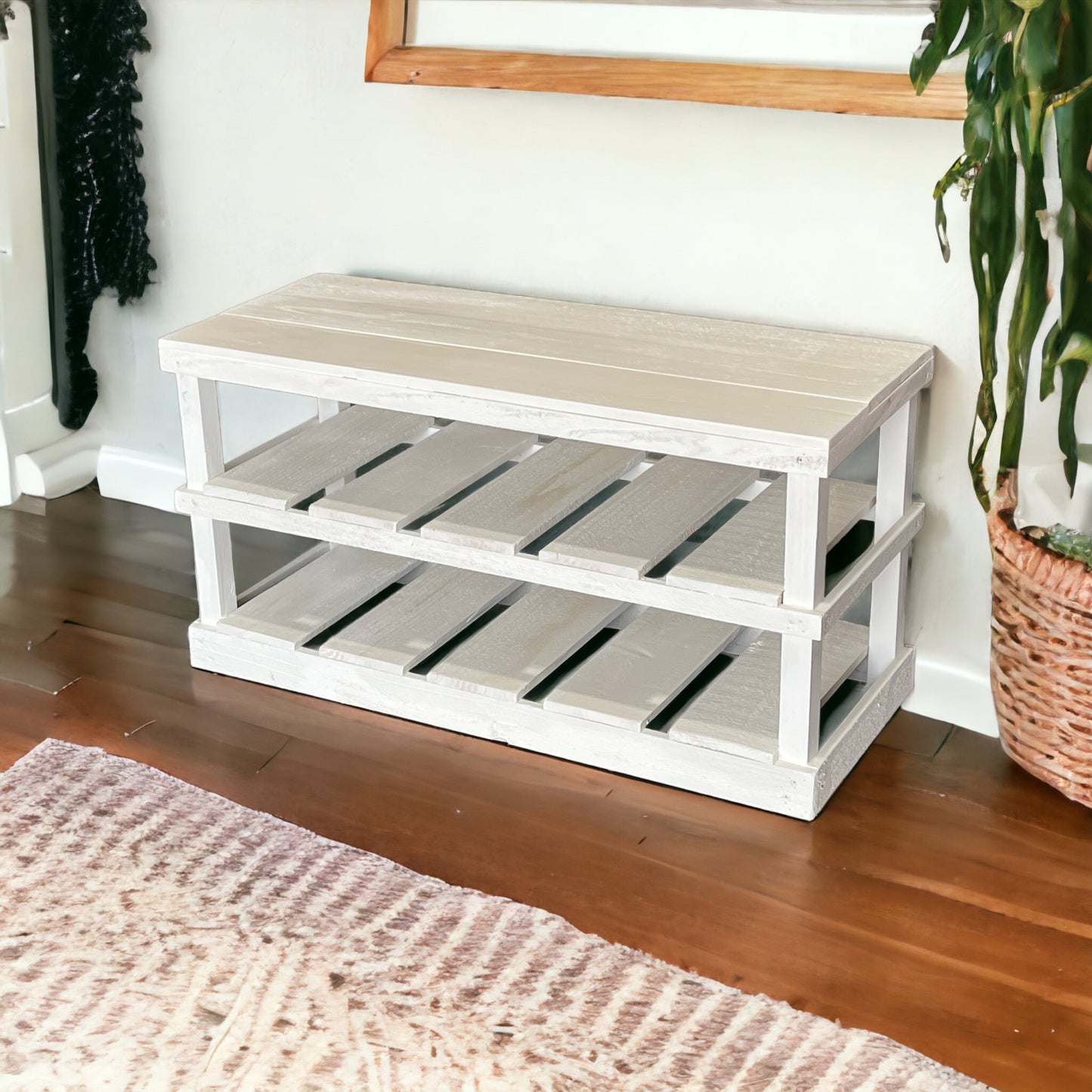 Rustic Wood Entryway Two-Tier Shoe Rack Bench