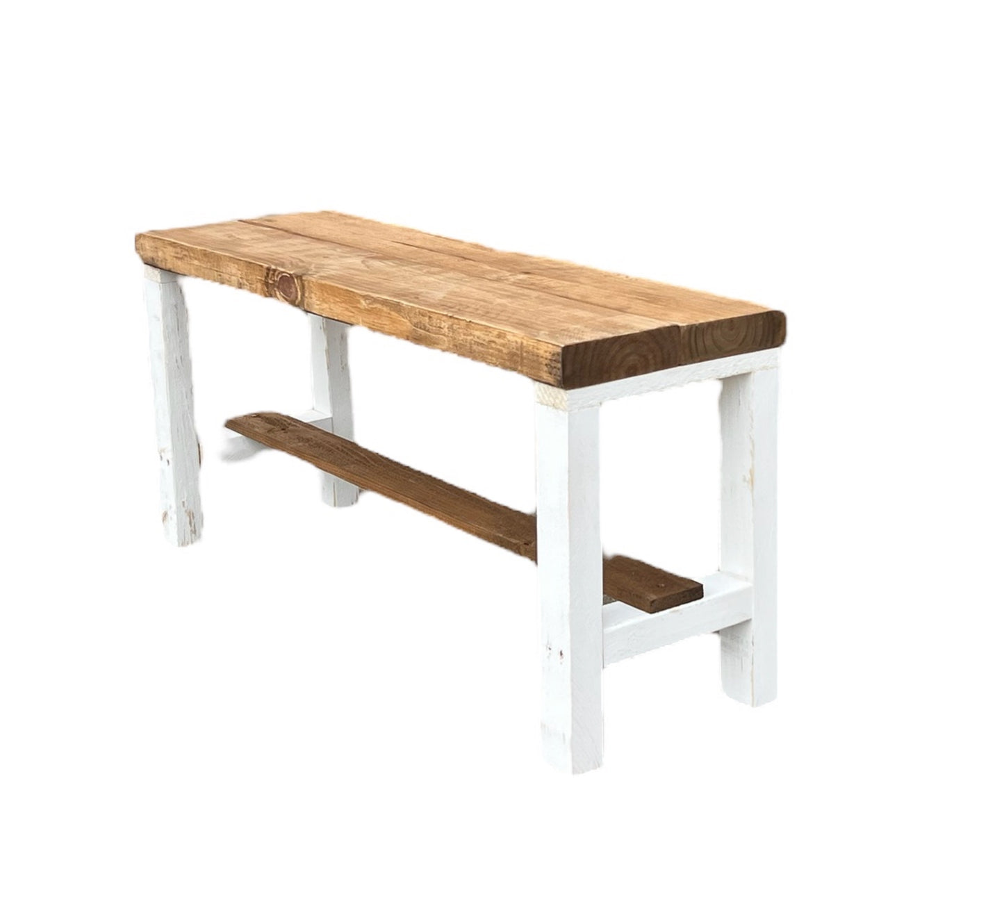 Rustic solid wood entryway bench in grey and white, handmade wood furniture with modern rustic style.