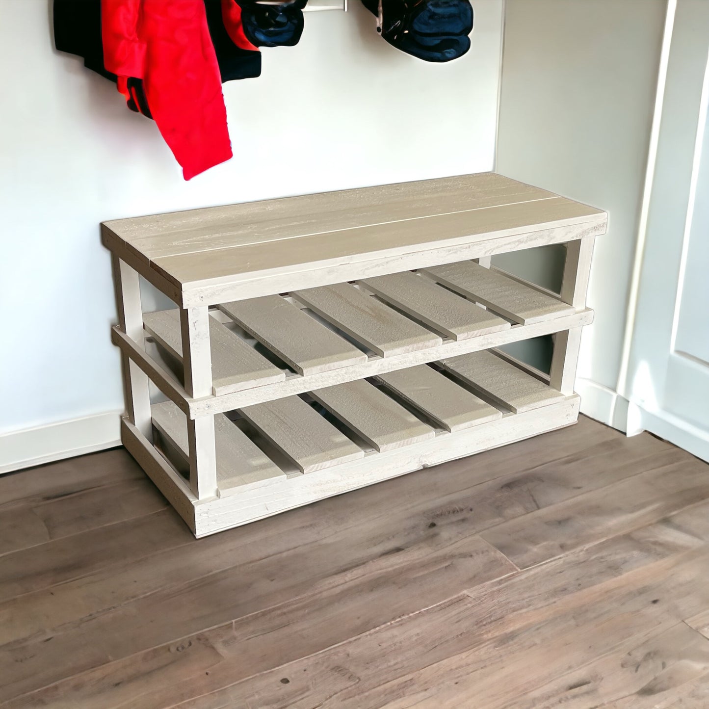 Rustic Wood Entryway Two-Tier Shoe Rack Bench