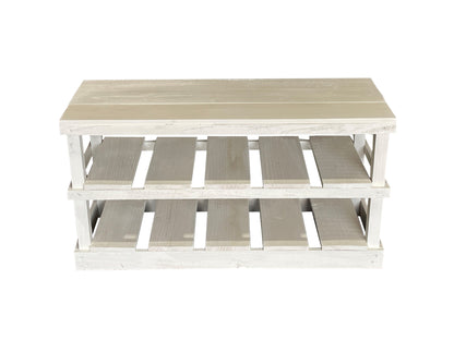 Natural solid wood furniture rustic two-tier entryway shoe rack bench with woven basket and decor.