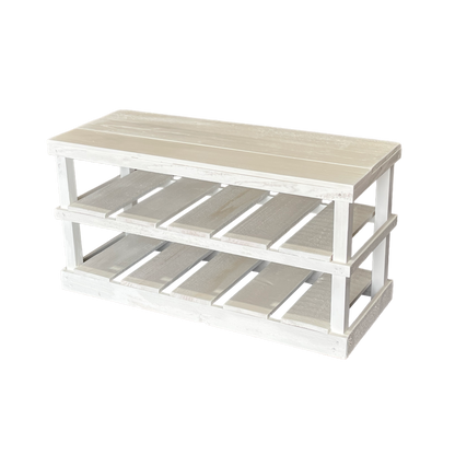 Natural solid wood furniture rustic two-tier entryway shoe rack bench with woven basket and decor.