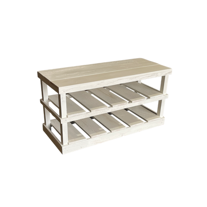 Natural solid wood furniture rustic two-tier entryway shoe rack bench with woven basket and decor.