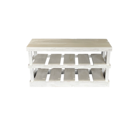 Natural solid wood furniture rustic two-tier entryway shoe rack bench with woven basket and decor.