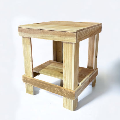 Natural solid wood handmade farmhouse end table with sturdy slatted shelf, modern rustic furniture.