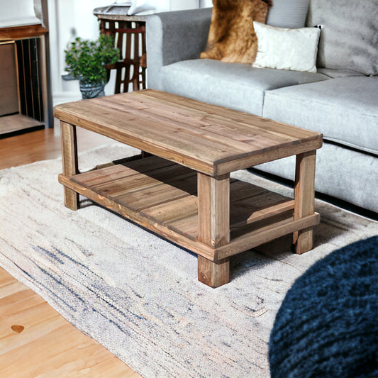 Farmhouse Rustic Wood Living Room Coffee Table with Shelf