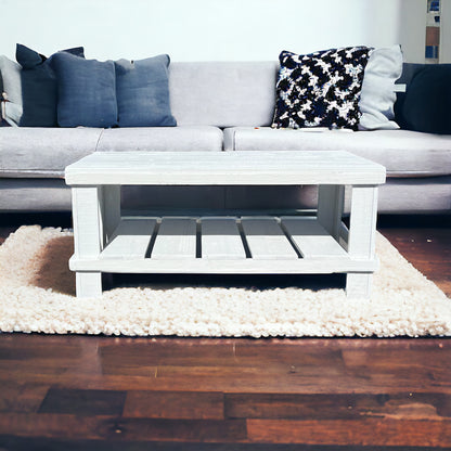 Farmhouse rustic solid wood coffee table with floating shelf, natural finish, handmade wood furniture.