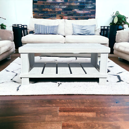 Farmhouse rustic solid wood coffee table with floating shelf, natural finish, handmade wood furniture.