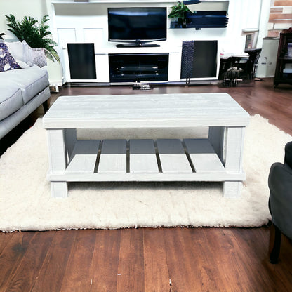 Farmhouse rustic solid wood coffee table with floating shelf, natural finish, handmade wood furniture.