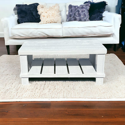 Farmhouse rustic solid wood coffee table with floating shelf, natural finish, handmade wood furniture.