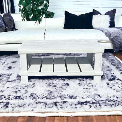 Farmhouse rustic solid wood coffee table with floating shelf, natural finish, handmade wood furniture.