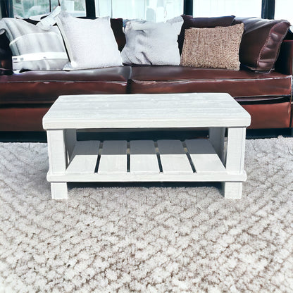 Farmhouse rustic solid wood coffee table with floating shelf, natural finish, handmade wood furniture.
