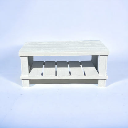 Farmhouse rustic solid wood coffee table with floating shelf, natural finish, handmade wood furniture.