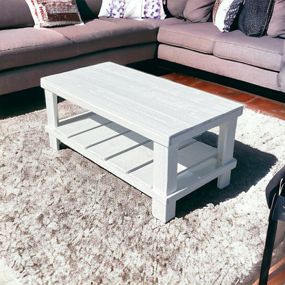 Farmhouse rustic solid wood coffee table with floating shelf, natural finish, handmade wood furniture.