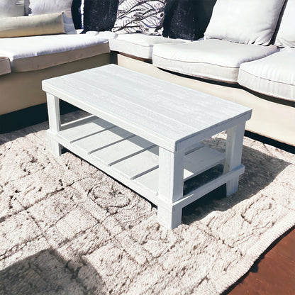 Farmhouse rustic solid wood coffee table with floating shelf, natural finish, handmade wood furniture.