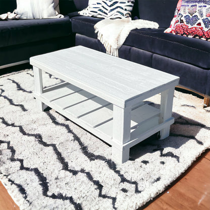 Farmhouse rustic solid wood coffee table with floating shelf, natural finish, handmade wood furniture.