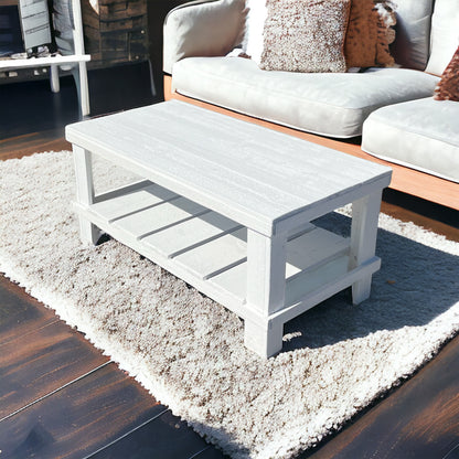 Farmhouse rustic solid wood coffee table with floating shelf, natural finish, handmade wood furniture.