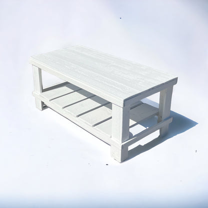 Farmhouse rustic solid wood coffee table with floating shelf, natural finish, handmade wood furniture.