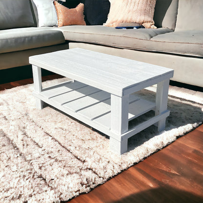Farmhouse rustic solid wood coffee table with floating shelf, natural finish, handmade wood furniture.