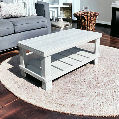 Farmhouse rustic solid wood coffee table with floating shelf, natural finish, handmade wood furniture.