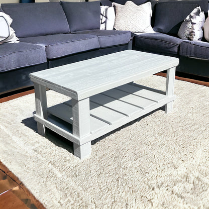 Farmhouse rustic solid wood coffee table with floating shelf, natural finish, handmade wood furniture.