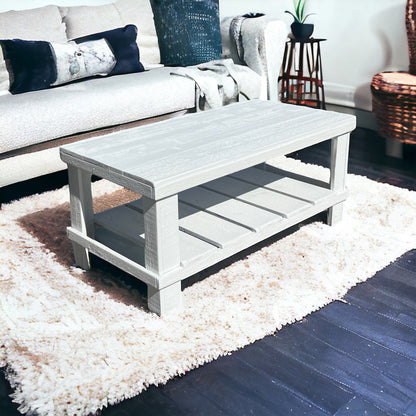 Farmhouse rustic solid wood coffee table with floating shelf, natural finish, handmade wood furniture.