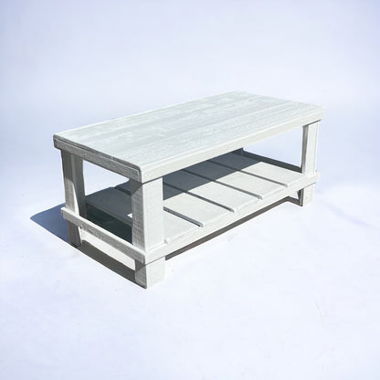 Farmhouse rustic solid wood coffee table with floating shelf, natural finish, handmade wood furniture.