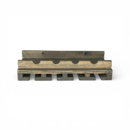 Handmade solid wood wine rack with hanging slots for stemware, modern rustic floating shelf in dark walnut.