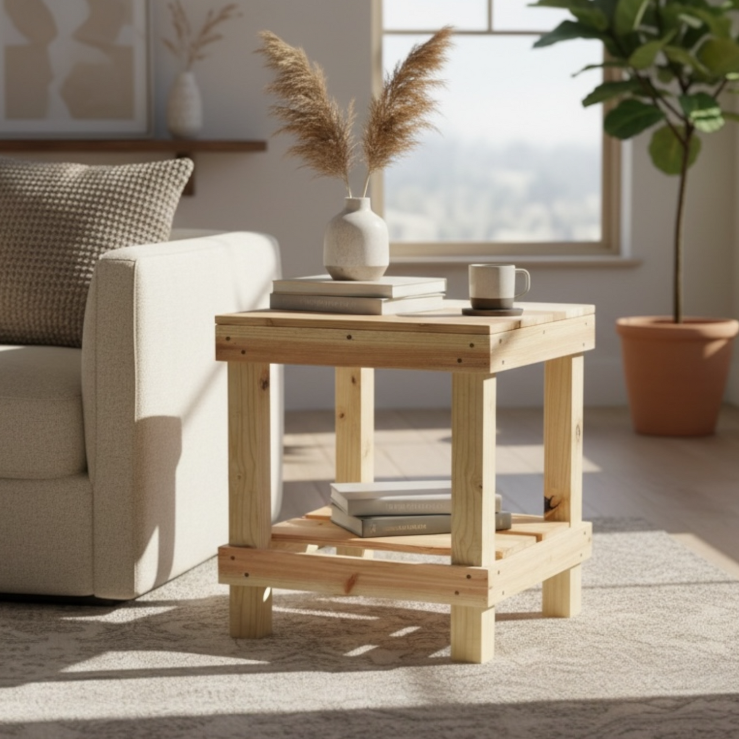 Natural solid wood handmade farmhouse end table with sturdy slatted shelf, modern rustic furniture.