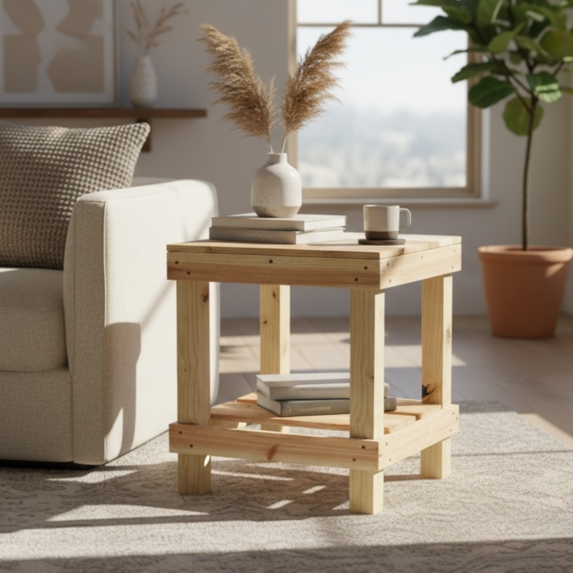 Natural solid wood handmade farmhouse end table with sturdy slatted shelf, modern rustic furniture.