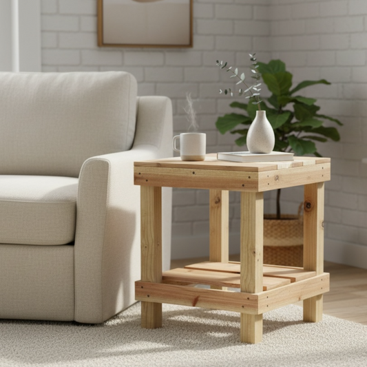 Natural solid wood handmade farmhouse end table with sturdy slatted shelf, modern rustic furniture.
