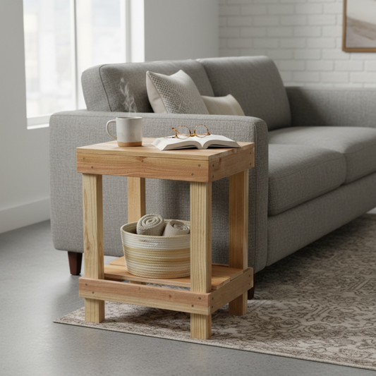 Rustic farmhouse solid wood handmade end table with open shelves and natural finish next to gray sofa.
