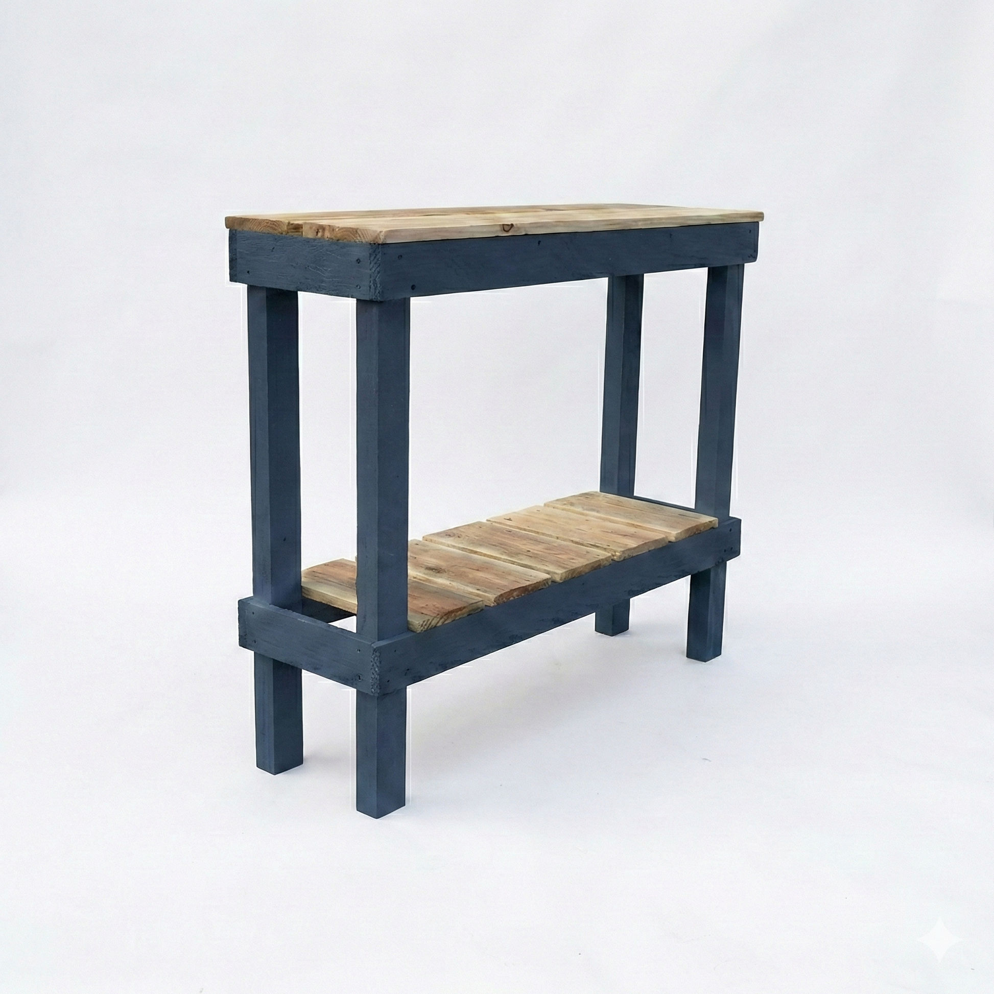 Solid wood handmade console table in navy blue with natural wood top and lower shelf, modern rustic furniture.