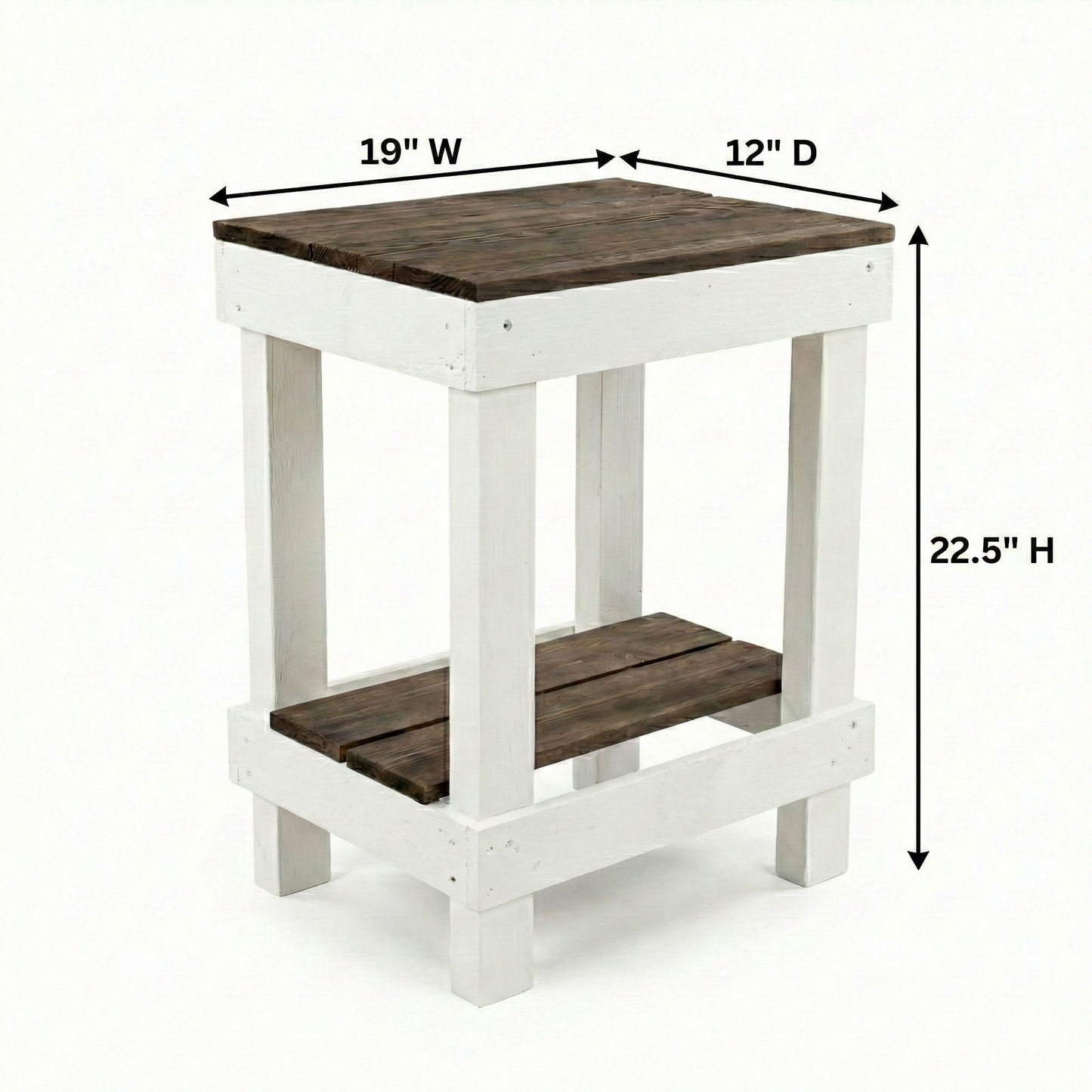 Rustic farmhouse solid wood handmade end table with open shelves and natural finish next to gray sofa.