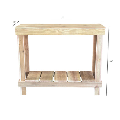 White reclaimed wood farmhouse console table with floating shelf, handmade solid wood furniture.