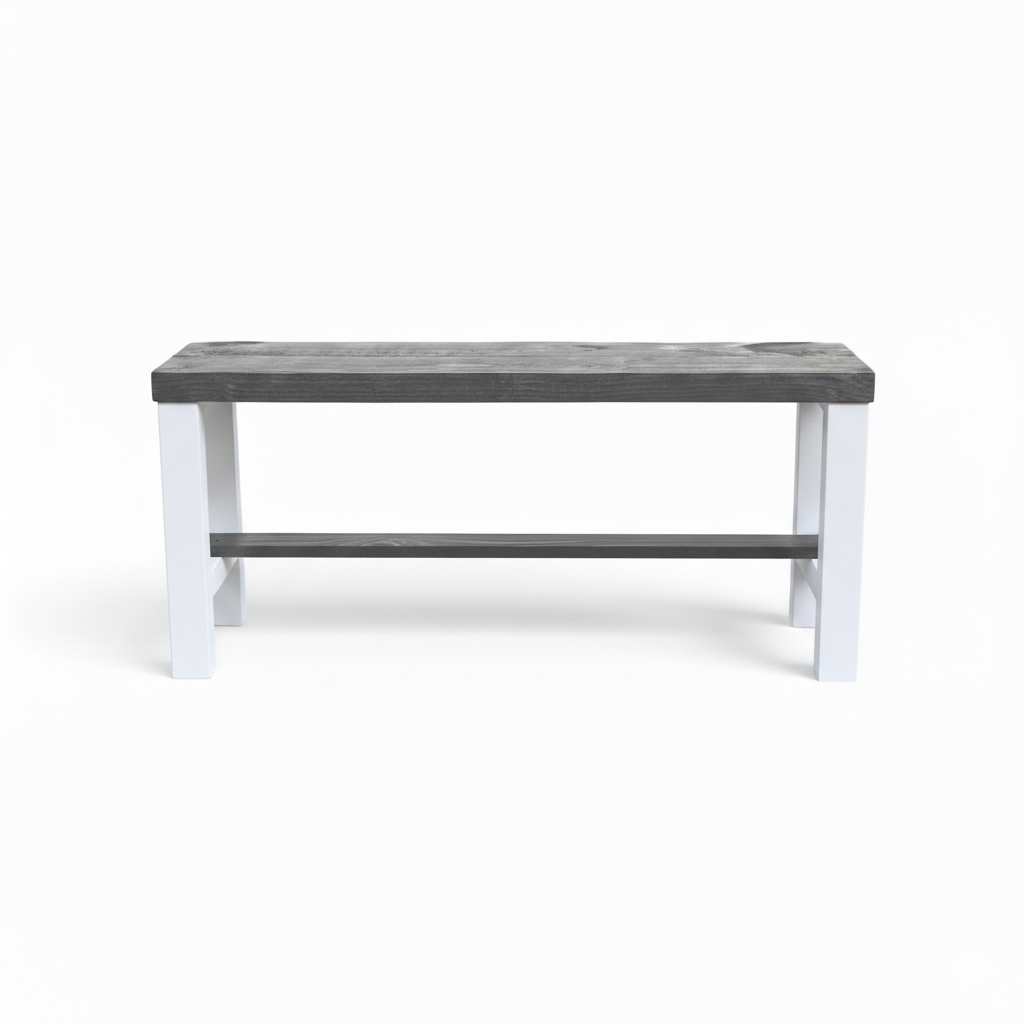Rustic solid wood entryway bench in grey and white, handmade wood furniture with modern rustic style.