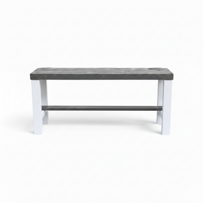 Rustic solid wood entryway bench in grey and white, handmade wood furniture with modern rustic style.