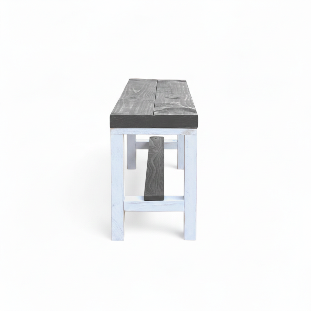 Rustic solid wood entryway bench in grey and white, handmade wood furniture with modern rustic style.