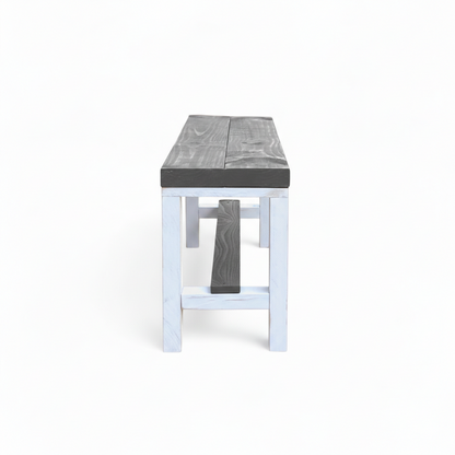 Rustic solid wood entryway bench in grey and white, handmade wood furniture with modern rustic style.