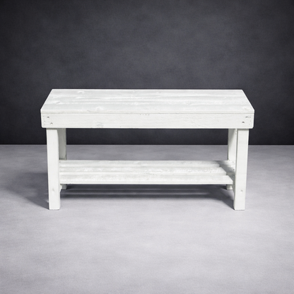 Natural cedar solid wood entryway bench with lower shelf, handmade rustic furniture.