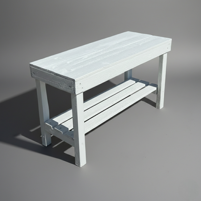 Natural cedar solid wood entryway bench with lower shelf, handmade rustic furniture.